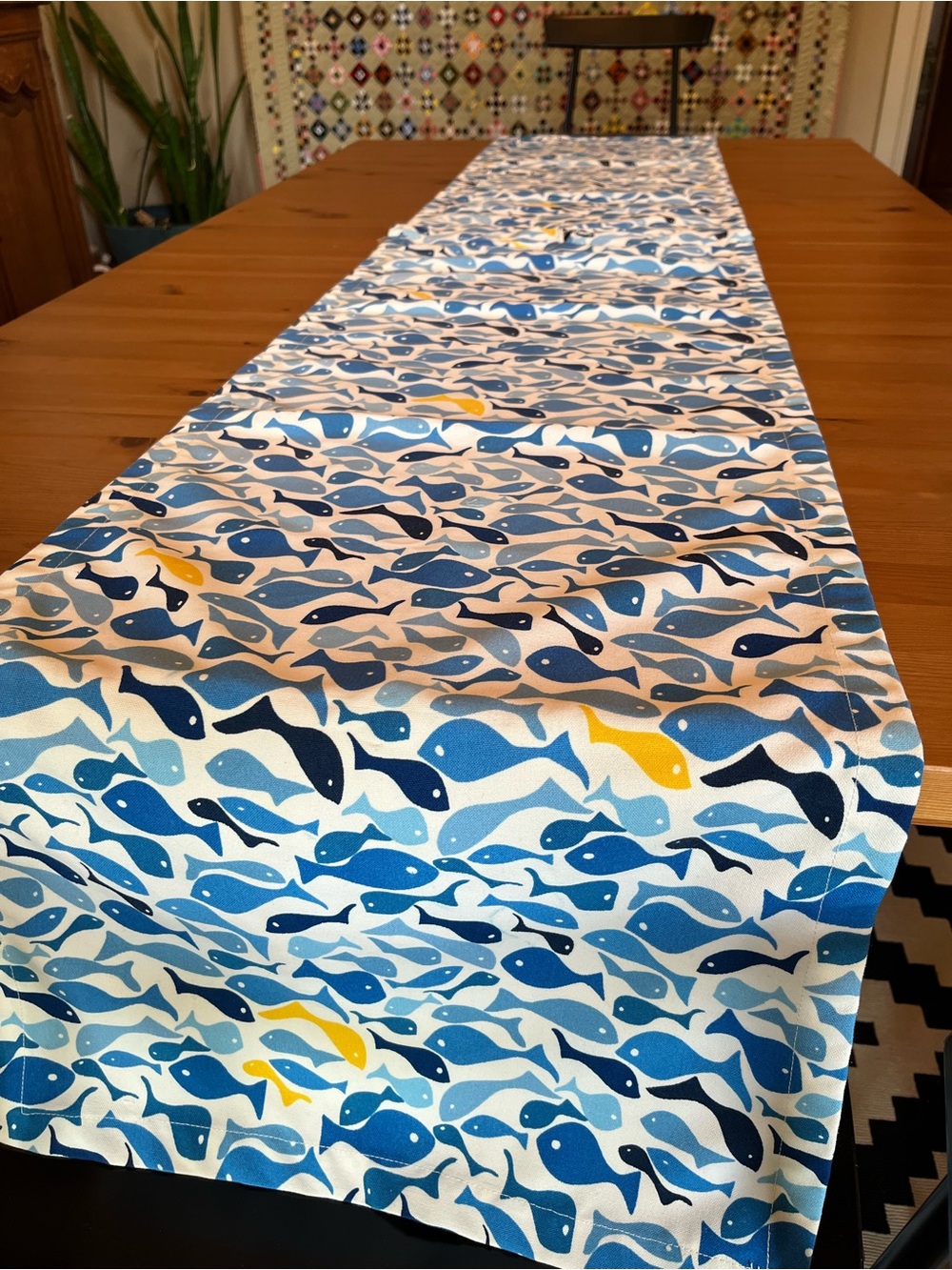 Pottery Barn Outdoor Table Runner School of Fish Blue 2pc Umbrella Hole 18x108